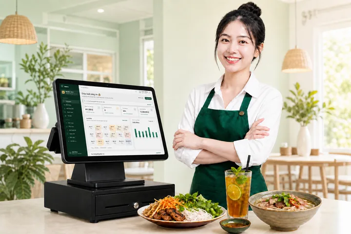 Nhân viên nhà hàng bên máy POS hiển thị Dashboard iMenu
