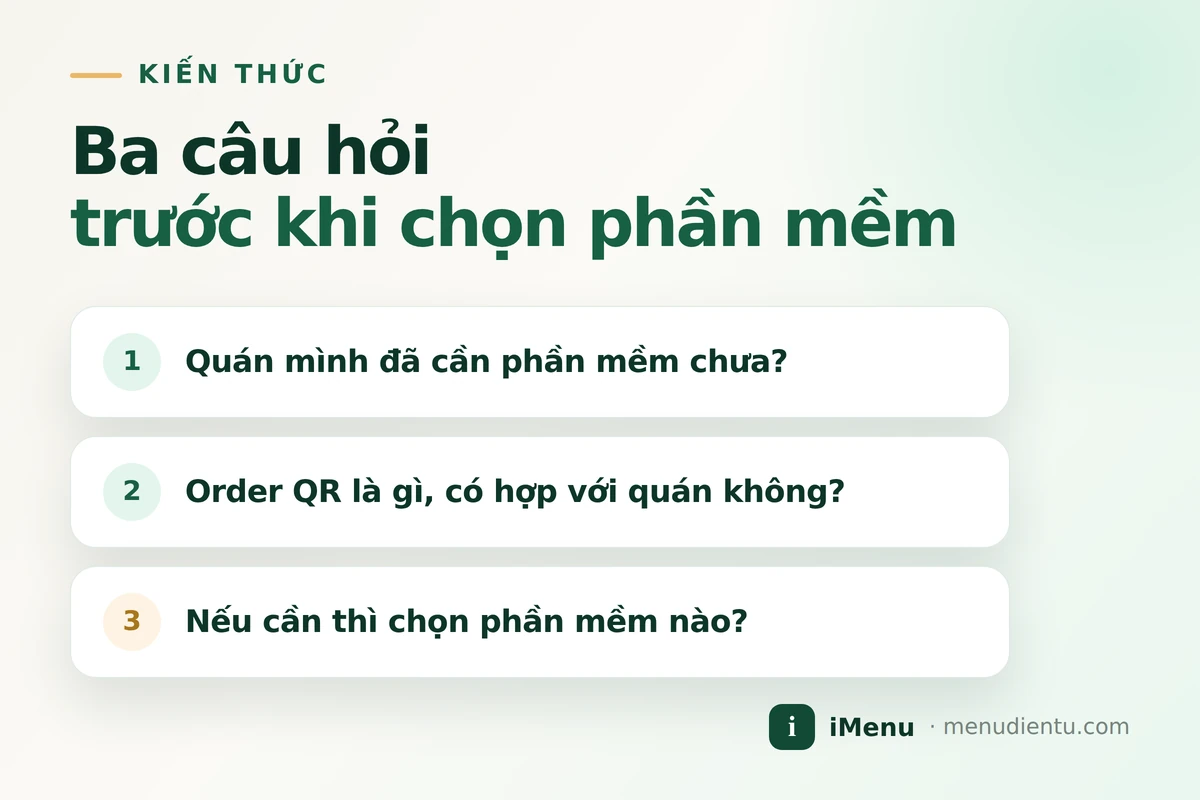 Ba câu hỏi chủ quán thường gặp theo thứ tự: quán mình đã cần phần mềm chưa, order QR là gì và có hợp với quán không, nếu cần thì chọn phần mềm nào