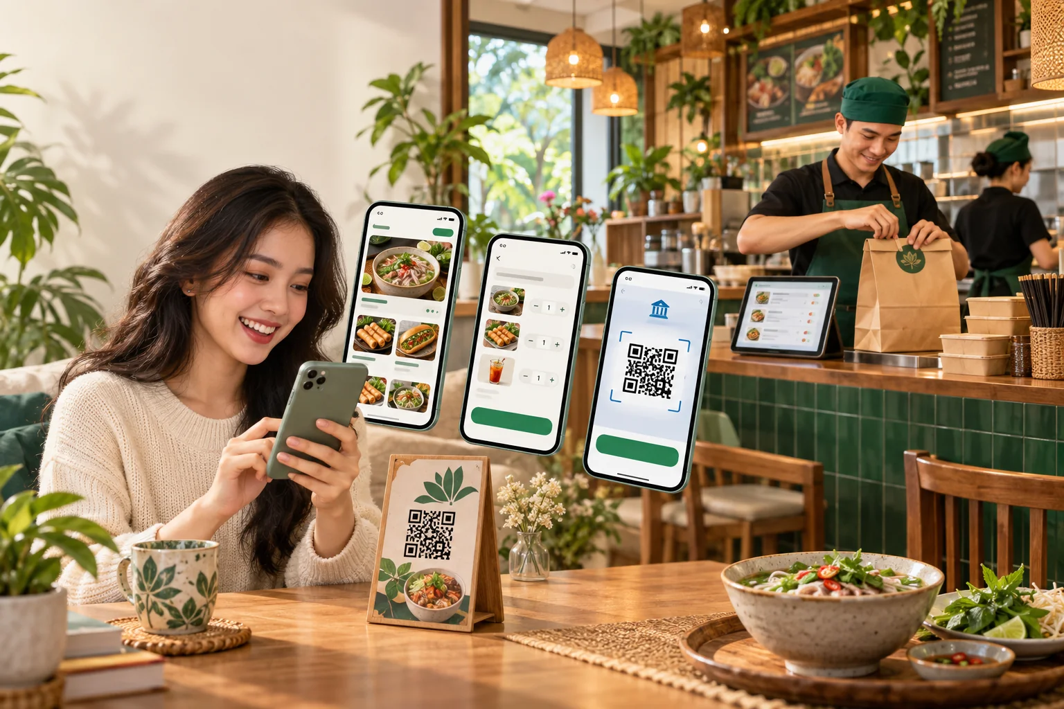 Khách order món mang đi từ xa trên điện thoại, thanh toán qua QR và quán chuẩn bị túi đồ ăn