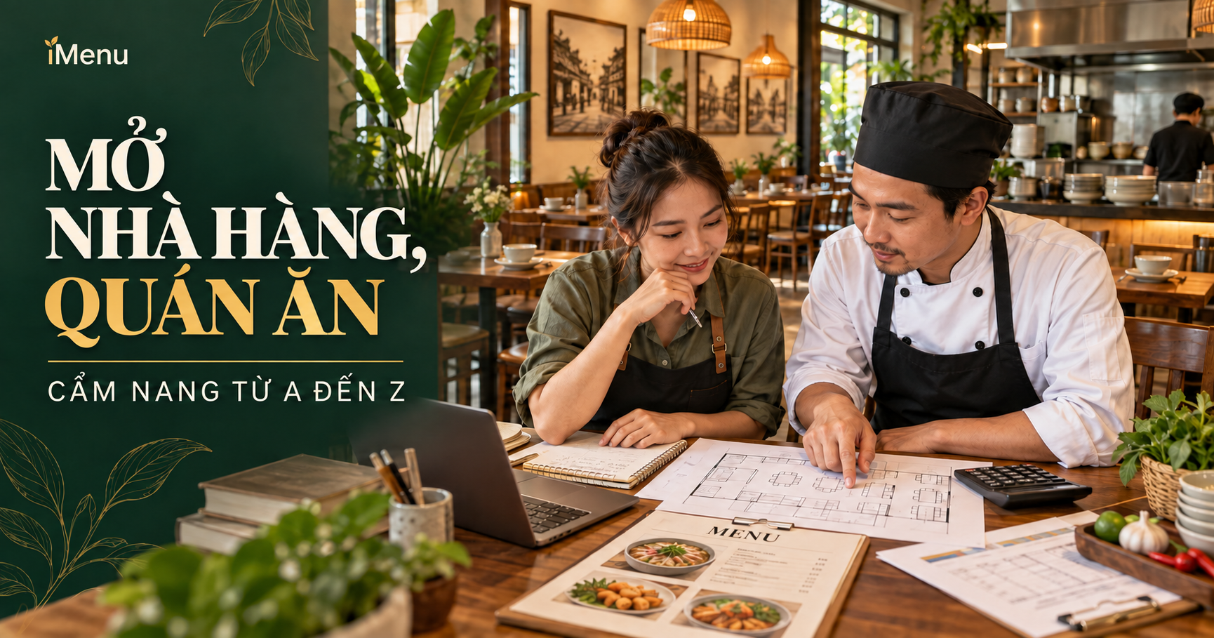 Minh họa cẩm nang mở nhà hàng, quán ăn từ A đến Z: chủ quán và đầu bếp lên kế hoạch menu, mặt bằng và chi phí