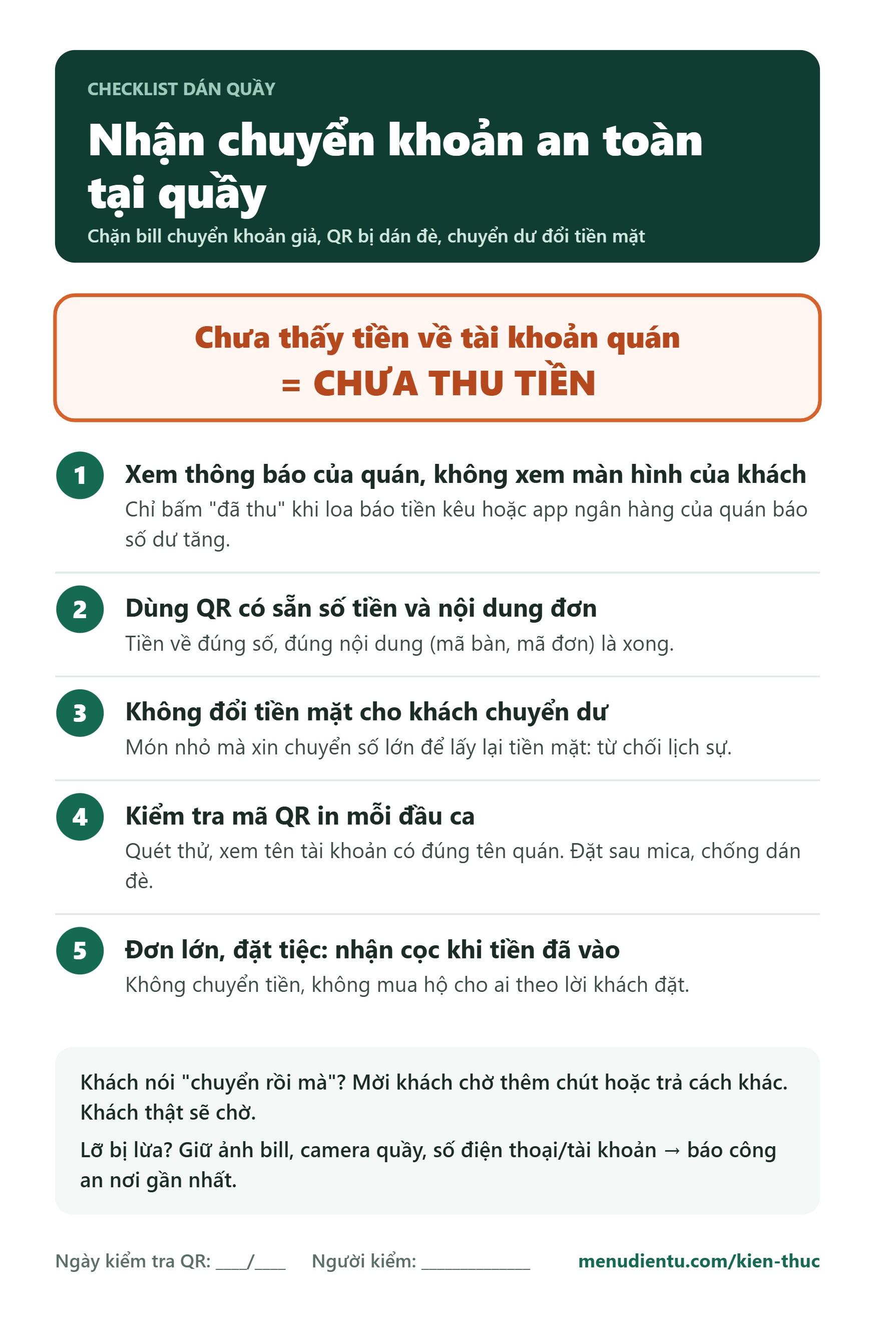 Checklist nhận chuyển khoản an toàn tại quầy